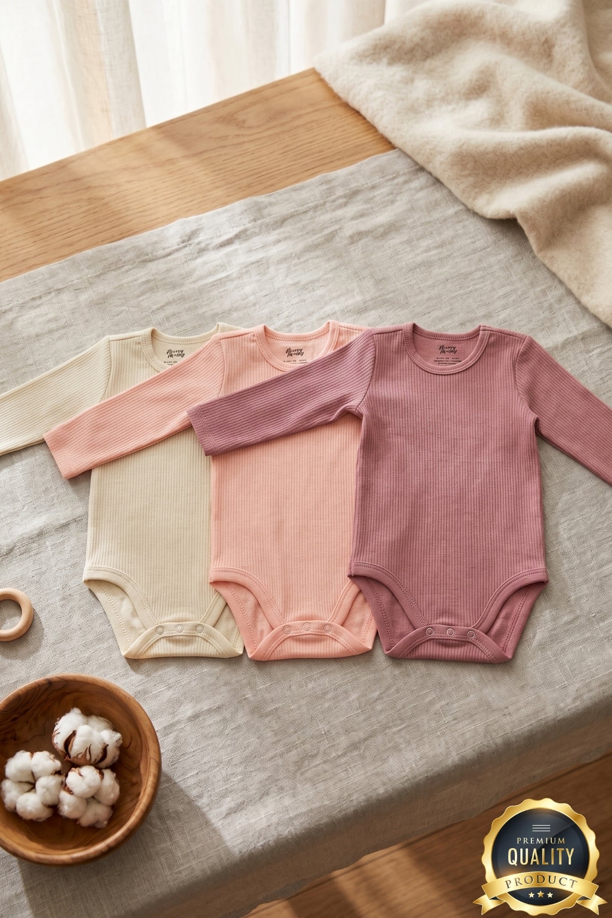 Premium Fitilli Kumaş %100 Organik Pamuk Kız Bebek Uzun Kol Body Zıbın Çıtçıtlı Badi 3'lü Set - Çıtçıt Uzatma Hediyeli