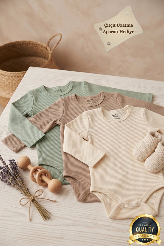 Premium Fitilli Kumaş %100 Organik Pamuk Erkek Bebek Uzun Kol Body Zıbın Çıtçıtlı Badi 3'lü Set - Çıtçıt Uzatma Hediyeli