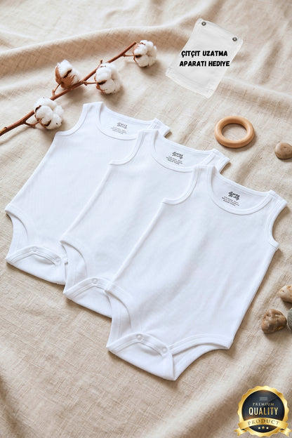 Premium %100 Organik Pamuk Beyaz Atlet Bebek Body Zıbın Çıtçıtlı Bebek Badi 3'lü Set - Çıtçıt Uzatma Hediye