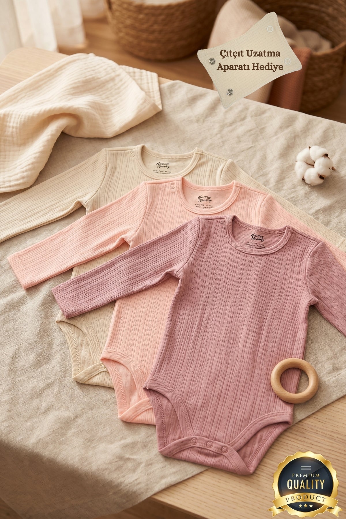 Premium Fitilli Kumaş %100 Organik Pamuk Kız Bebek Uzun Kol Body Zıbın Çıtçıtlı Badi 3'lü Set - Çıtçıt Uzatma Hediyeli