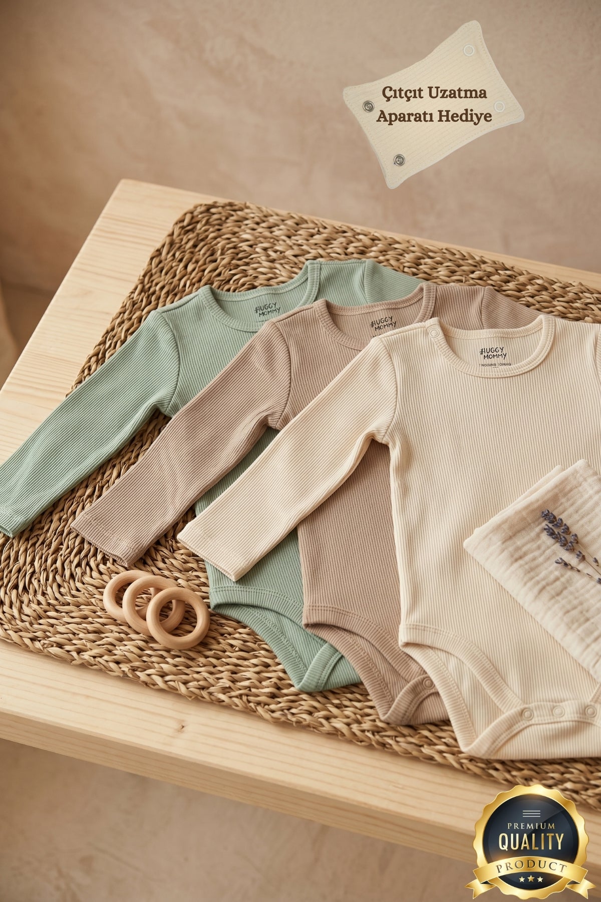 Premium Fitilli Kumaş %100 Organik Pamuk Erkek Bebek Uzun Kol Body Zıbın Çıtçıtlı Badi 3'lü Set - Çıtçıt Uzatma Hediyeli