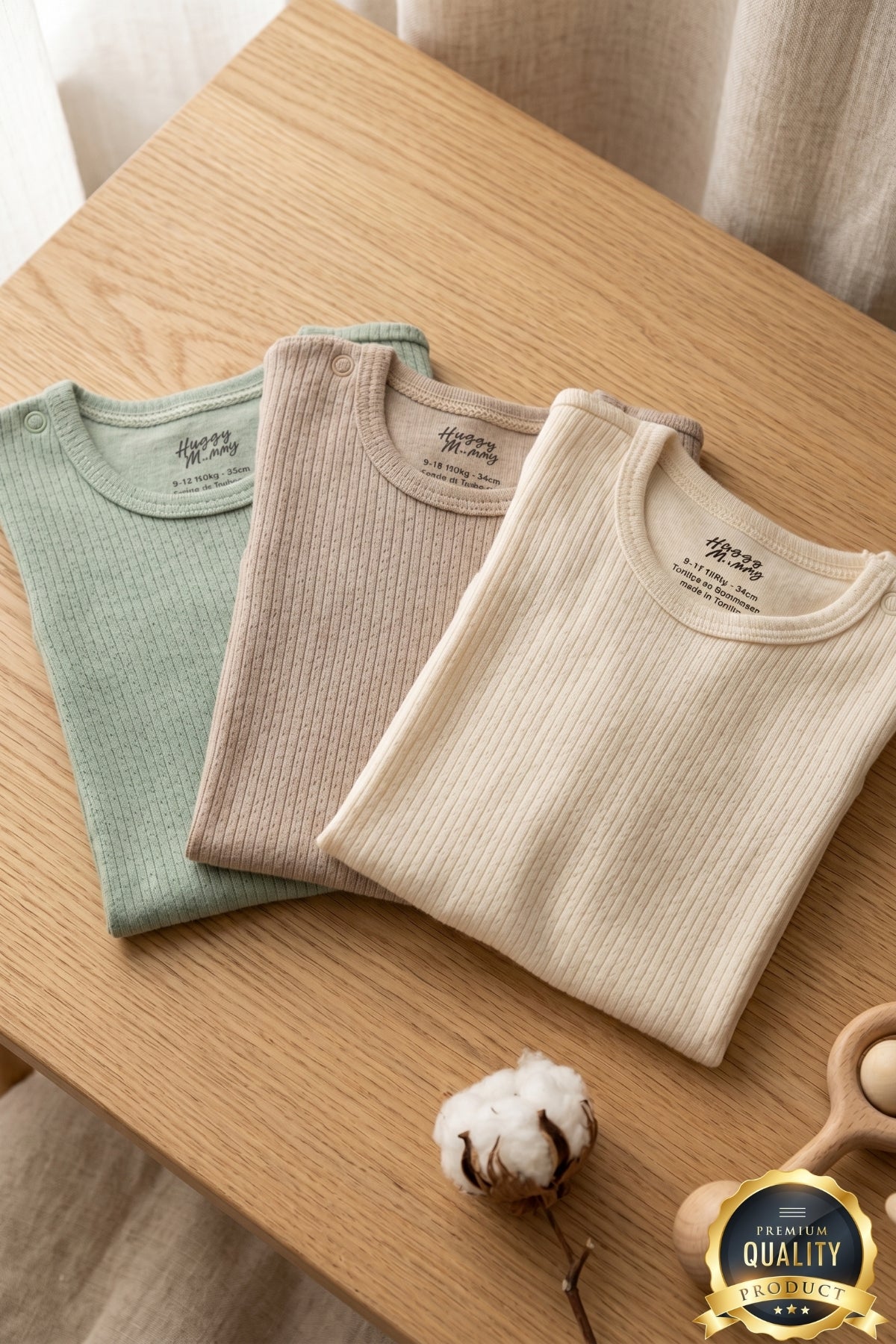 Premium Fitilli Kumaş %100 Organik Pamuk Erkek Bebek Uzun Kol Body Zıbın Çıtçıtlı Badi 3'lü Set - Çıtçıt Uzatma Hediyeli