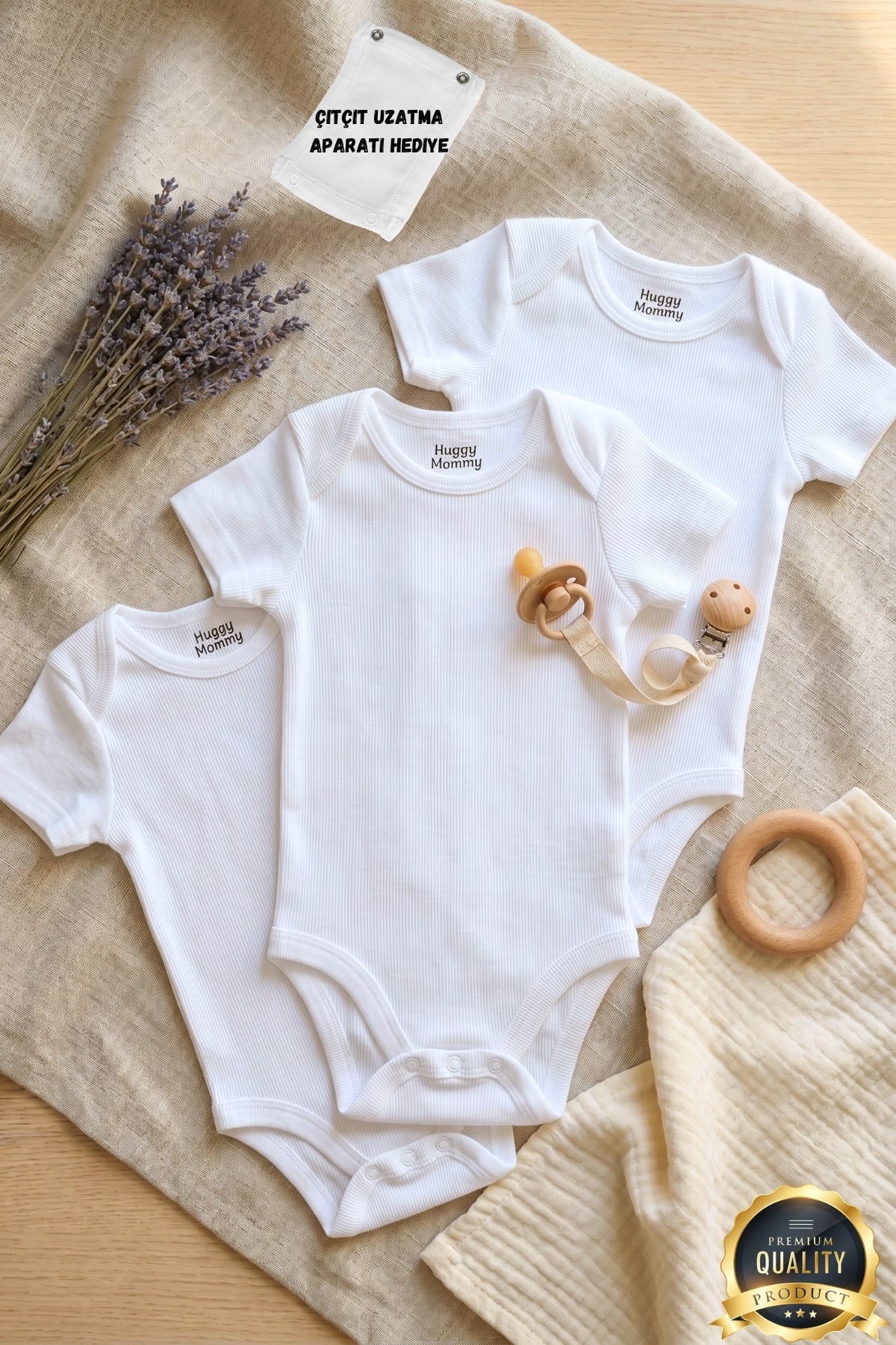 Premium %100 Organik Pamuk Beyaz Kısa Kol Bebek Body Zıbın Çıtçıtlı Bebek Badi 3'lü Set - Çıtçıt Uzatma Hediye
