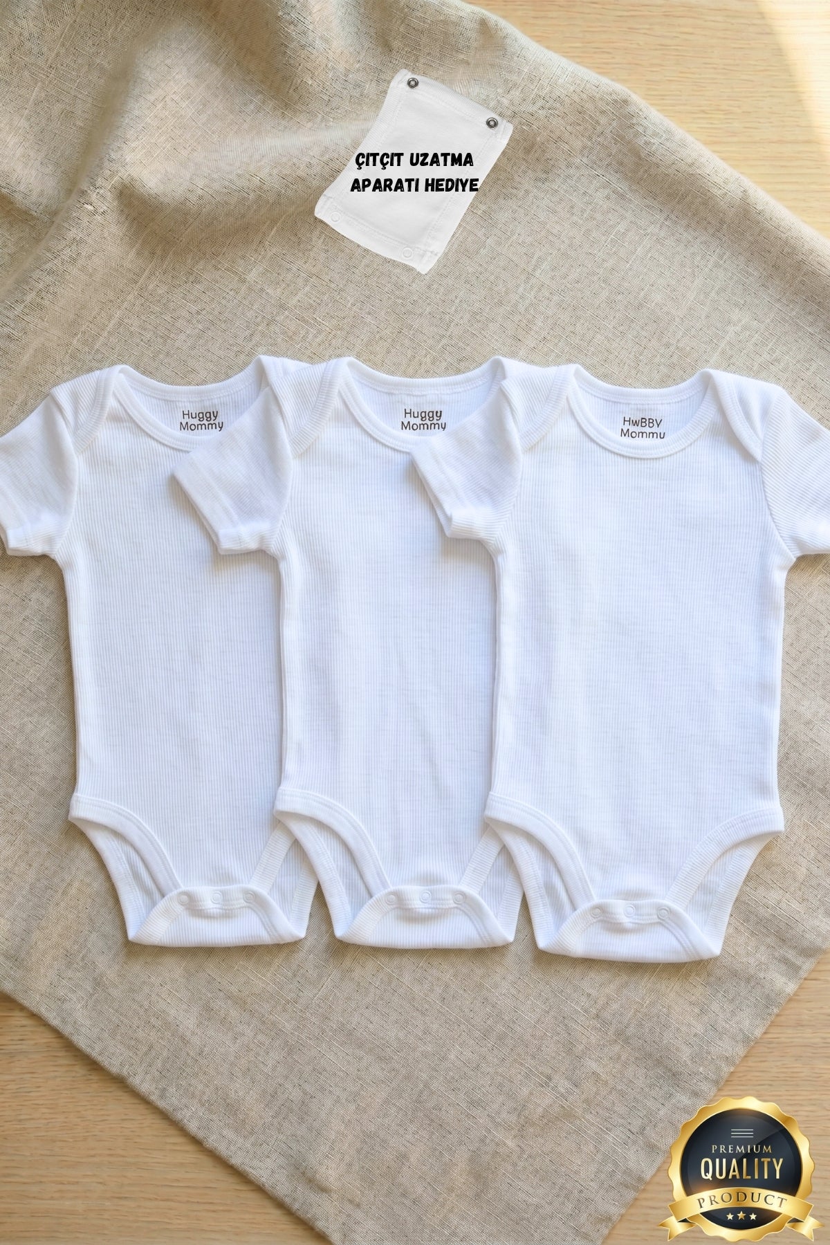Premium %100 Organik Pamuk Beyaz Kısa Kol Bebek Body Zıbın Çıtçıtlı Bebek Badi 3'lü Set - Çıtçıt Uzatma Hediye
