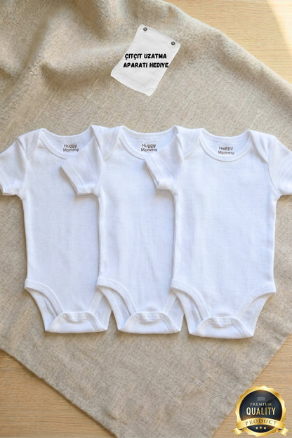 Premium %100 Organik Pamuk Beyaz Kısa Kol Bebek Body Zıbın Çıtçıtlı Bebek Badi 3'lü Set - Çıtçıt Uzatma Hediye