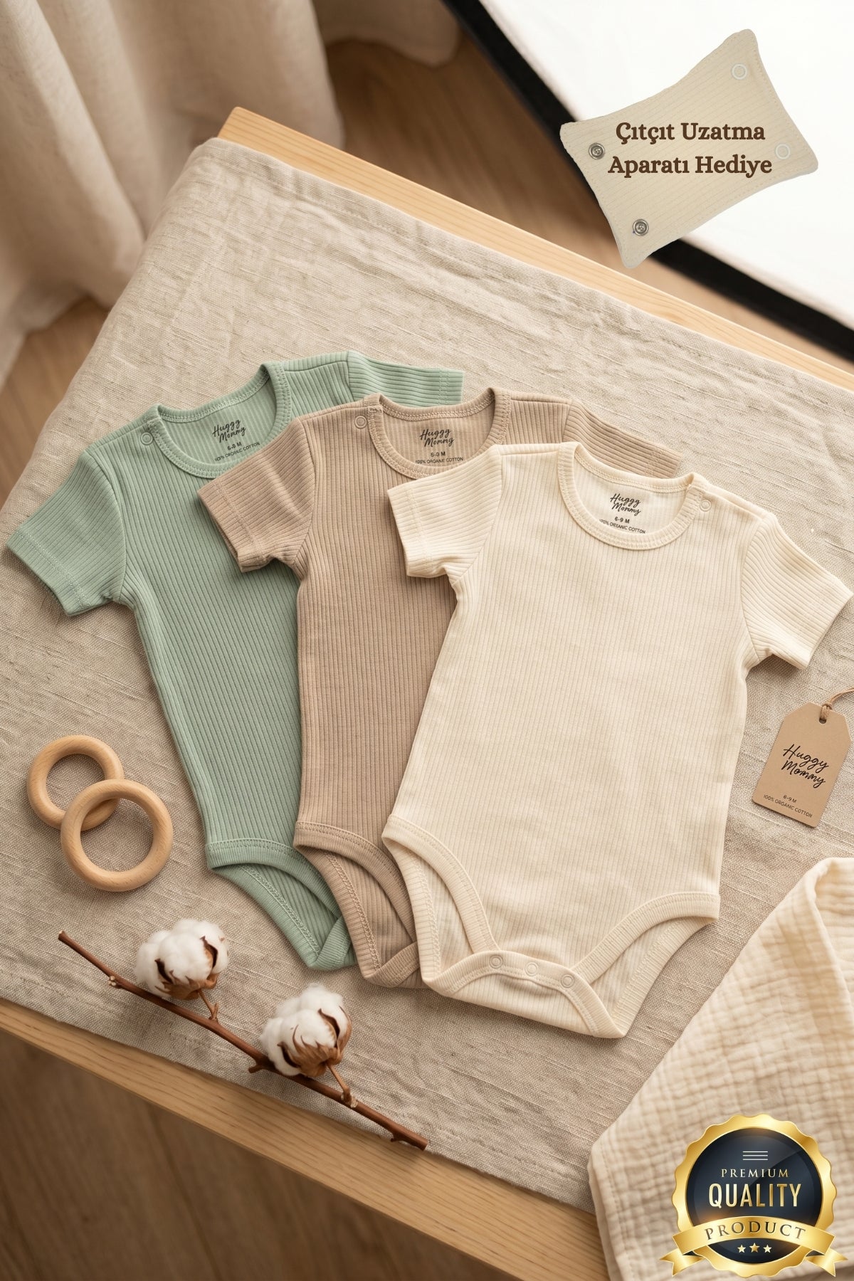 Premium Fitilli Kumaş %100 Organik Pamuk Erkek Bebek Kısa Kol Body Zıbın Çıtçıtlı Badi 3'lü Set - Çıtçıt Uzatma Hediyeli