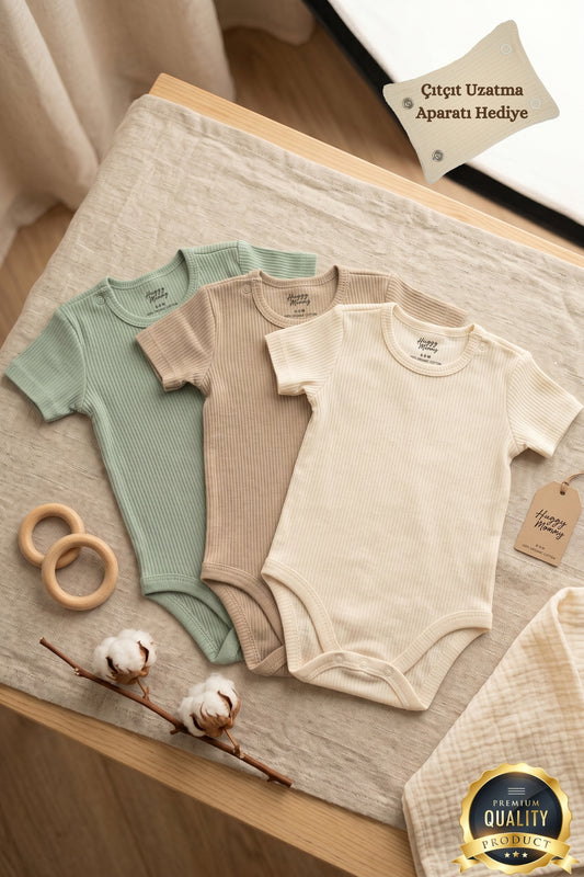 Premium Fitilli Kumaş %100 Organik Pamuk Erkek Bebek Kısa Kol Body Zıbın Çıtçıtlı Badi 3'lü Set - Çıtçıt Uzatma Hediyeli