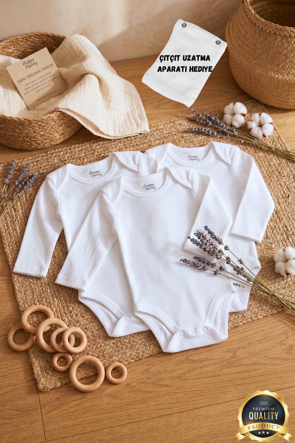 Premium %100 Organik Pamuk Beyaz Uzun Kol Bebek Body Zıbın Çıtçıtlı Bebek Badi 3'lü Set - Çıtçıt Uzatma Hediye