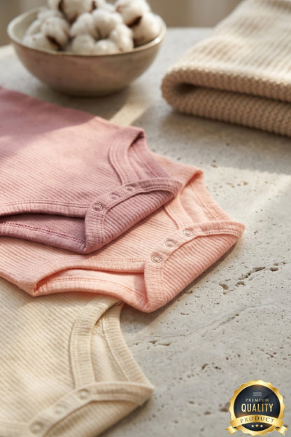 Premium Fitilli Kumaş %100 Organik Pamuk Kız Bebek Kısa Kol Body Zıbın Çıtçıtlı Badi 3'lü Set - Çıtçıt Uzatma Hediyeli