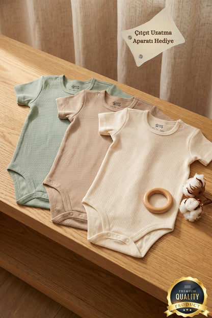 Premium Fitilli Kumaş %100 Organik Pamuk Erkek Bebek Kısa Kol Body Zıbın Çıtçıtlı Badi 3'lü Set - Çıtçıt Uzatma Hediyeli