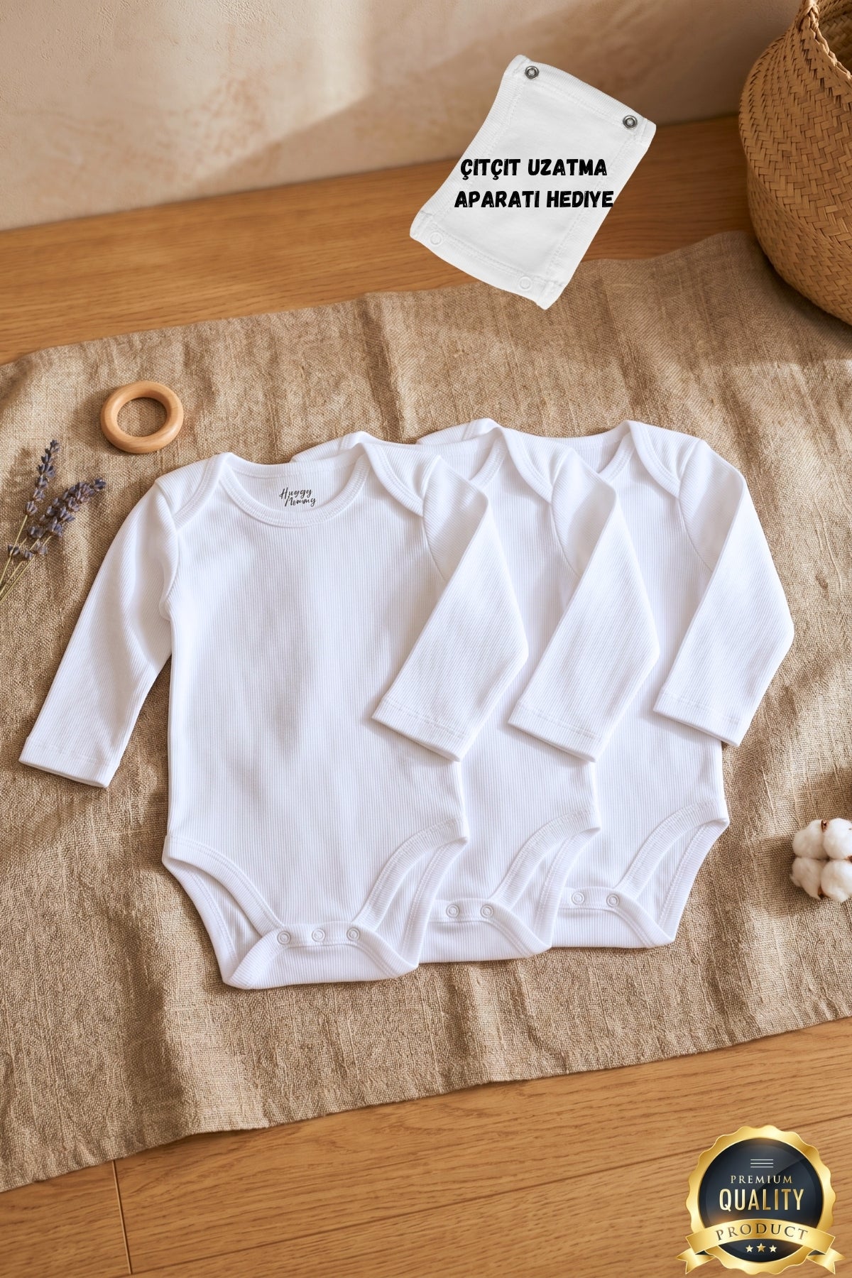 Premium %100 Organik Pamuk Beyaz Uzun Kol Bebek Body Zıbın Çıtçıtlı Bebek Badi 3'lü Set - Çıtçıt Uzatma Hediye