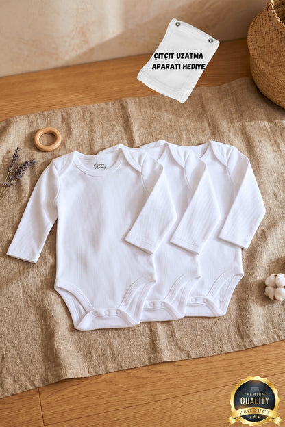 Premium %100 Organik Pamuk Beyaz Uzun Kol Bebek Body Zıbın Çıtçıtlı Bebek Badi 3'lü Set - Çıtçıt Uzatma Hediye