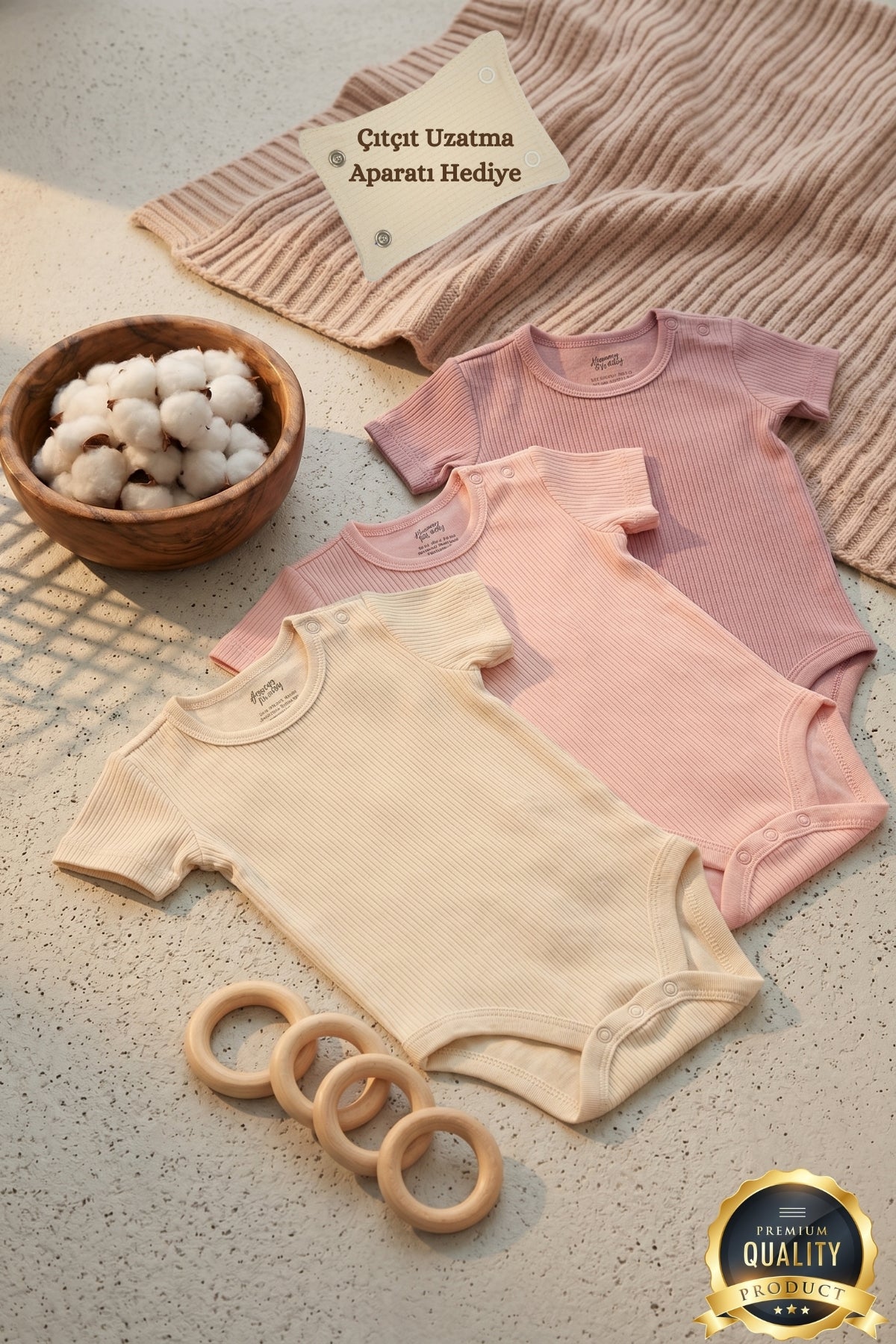 Premium Fitilli Kumaş %100 Organik Pamuk Kız Bebek Kısa Kol Body Zıbın Çıtçıtlı Badi 3'lü Set - Çıtçıt Uzatma Hediyeli