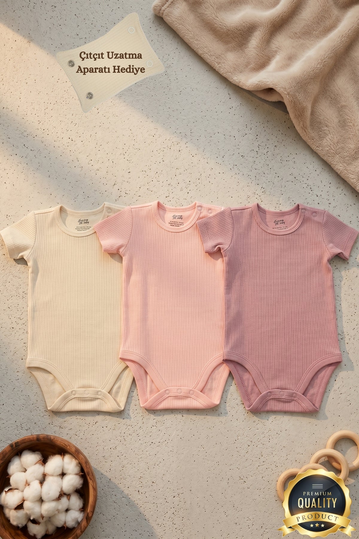 Premium Fitilli Kumaş %100 Organik Pamuk Kız Bebek Kısa Kol Body Zıbın Çıtçıtlı Badi 3'lü Set - Çıtçıt Uzatma Hediyeli