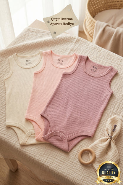 Premium Fitilli Kumaş %100 Organik Pamuk Kız Bebek Kolsuz Atlet Body Zıbın Çıtçıtlı Badi 3'lü Set - Çıtçıt Uzatma Hediyeli