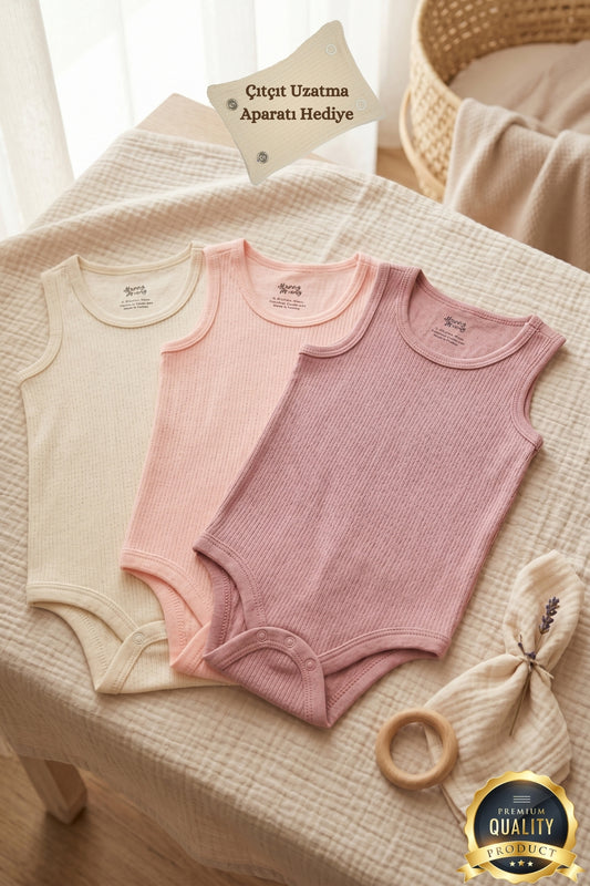 Premium Fitilli Kumaş %100 Organik Pamuk Kız Bebek Kolsuz Atlet Body Zıbın Çıtçıtlı Badi 3'lü Set - Çıtçıt Uzatma Hediyeli