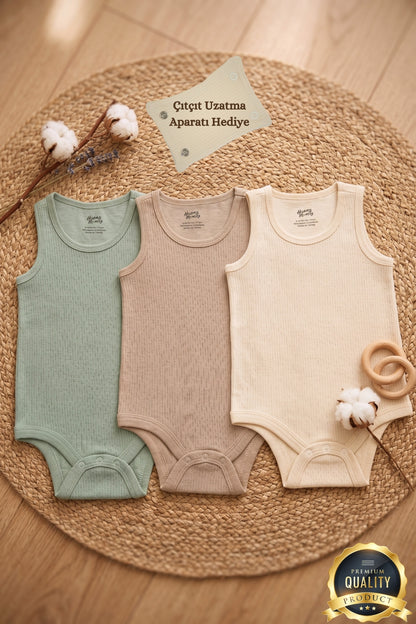 Premium Fitilli Kumaş %100 Organik Pamuk Erkek Bebek Kolsuz Atlet Body Zıbın Çıtçıtlı Badi 3'lü Set - Çıtçıt Uzatma Hediyeli