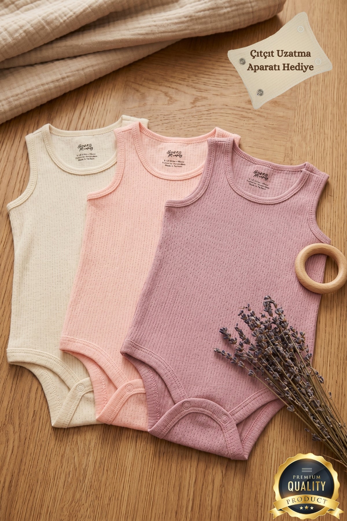 Premium Fitilli Kumaş %100 Organik Pamuk Kız Bebek Kolsuz Atlet Body Zıbın Çıtçıtlı Badi 3'lü Set - Çıtçıt Uzatma Hediyeli