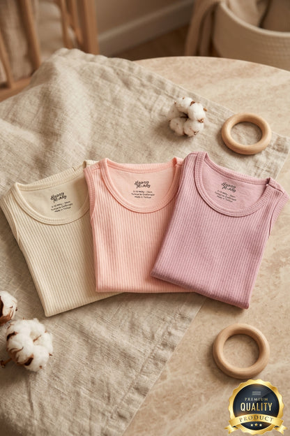 Premium Fitilli Kumaş %100 Organik Pamuk Kız Bebek Kolsuz Atlet Body Zıbın Çıtçıtlı Badi 3'lü Set - Çıtçıt Uzatma Hediyeli
