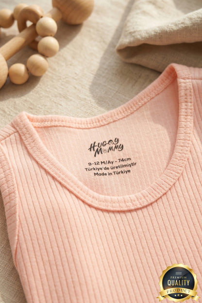 Premium Fitilli Kumaş %100 Organik Pamuk Kız Bebek Kolsuz Atlet Body Zıbın Çıtçıtlı Badi 3'lü Set - Çıtçıt Uzatma Hediyeli