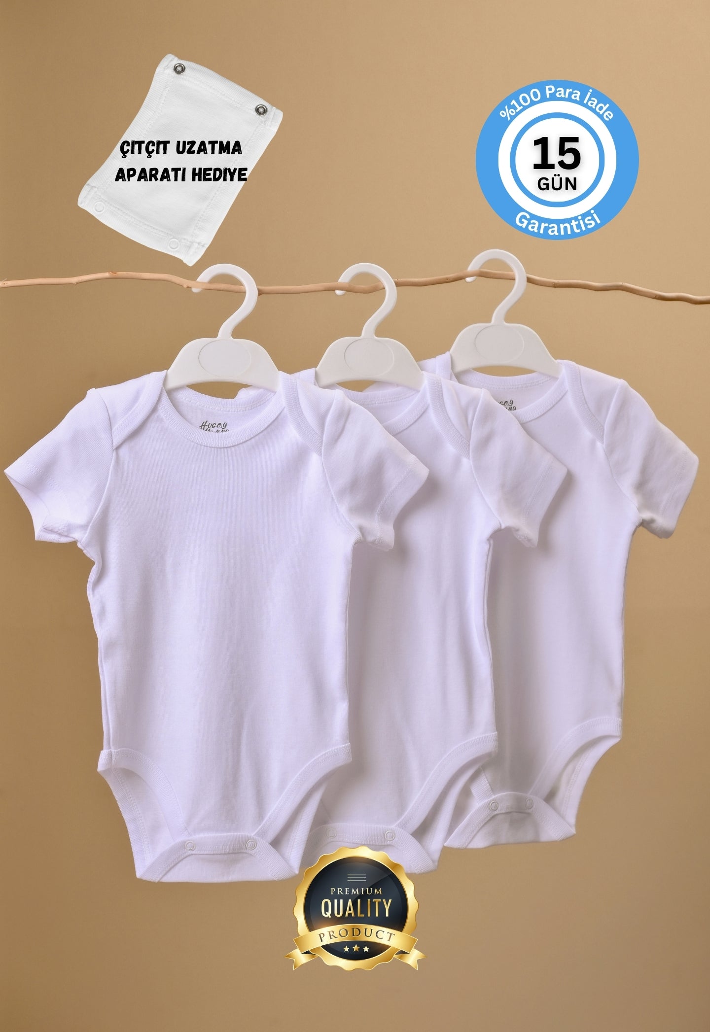 Premium %100 Organik Pamuk Beyaz Kısa Kol Bebek Body Zıbın Çıtçıtlı Bebek Badi 3'lü Set - Çıtçıt Uzatma Hediye