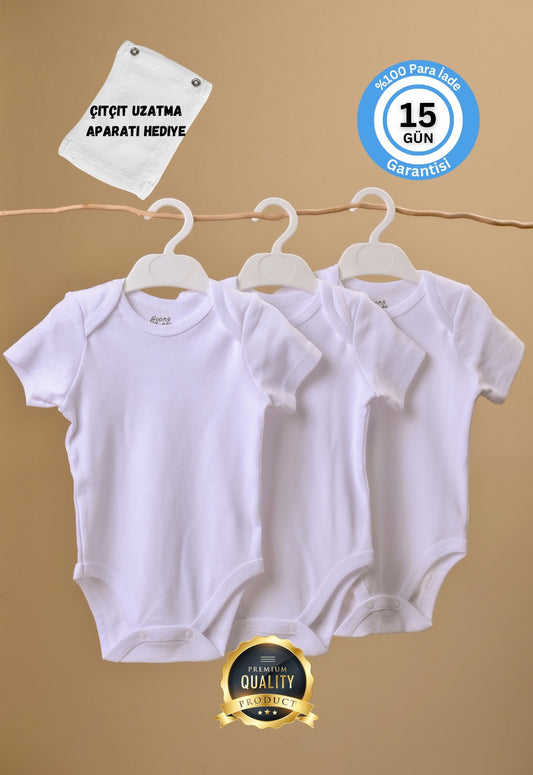 Premium %100 Organik Pamuk Beyaz Kısa Kol Bebek Body Zıbın Çıtçıtlı Bebek Badi 3'lü Set - Çıtçıt Uzatma Hediye