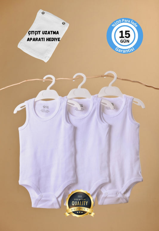 Premium %100 Organik Pamuk Beyaz Atlet Bebek Body Zıbın Çıtçıtlı Bebek Badi 3'lü Set - Çıtçıt Uzatma Hediye