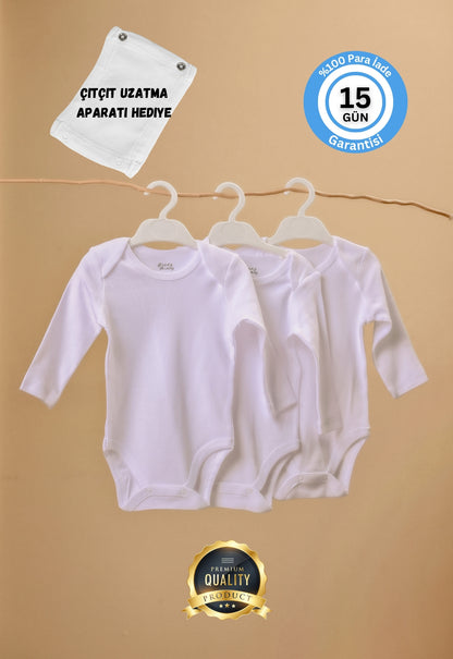 Premium %100 Organik Pamuk Beyaz Uzun Kol Bebek Body Zıbın Çıtçıtlı Bebek Badi 3'lü Set - Çıtçıt Uzatma Hediye