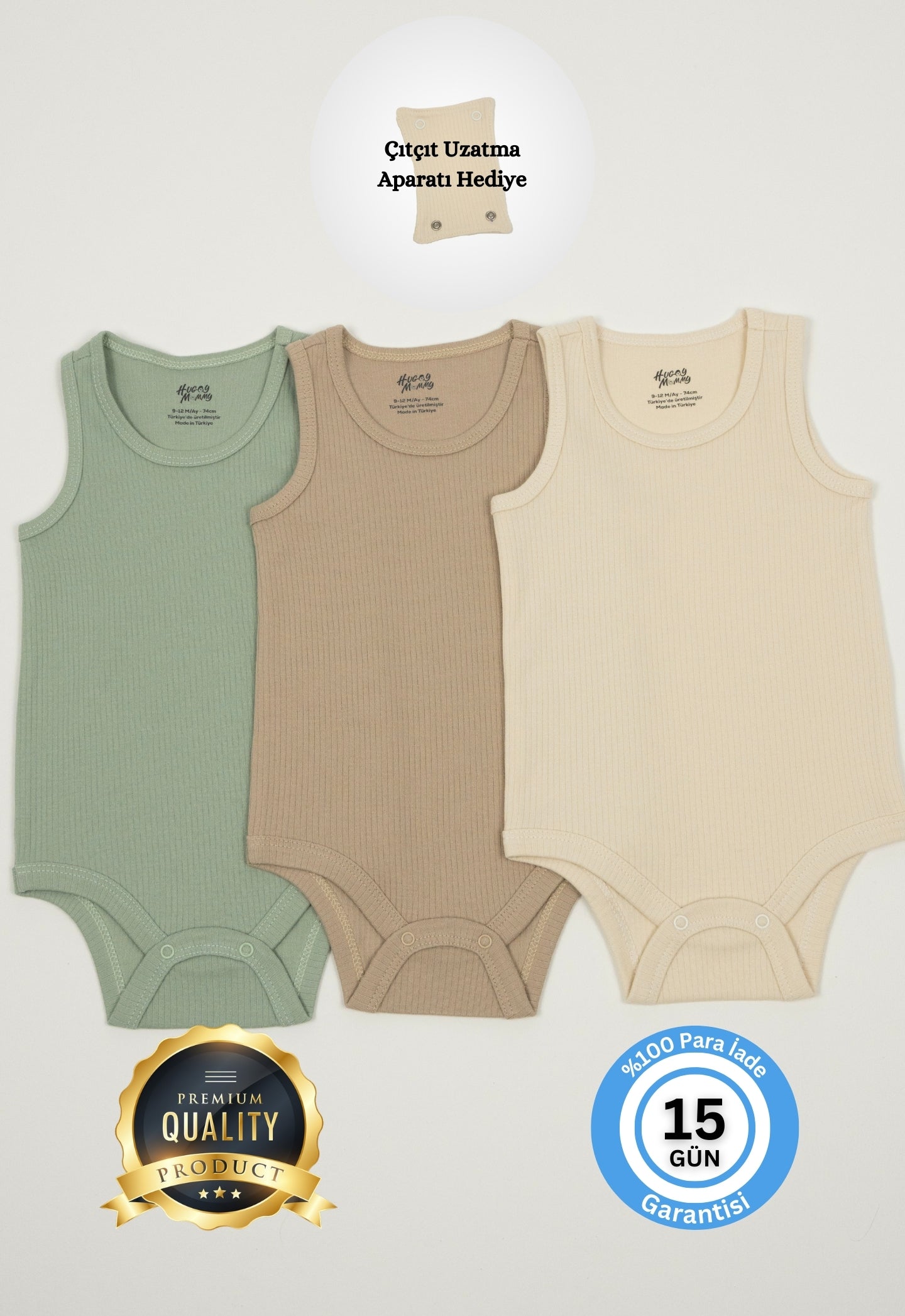 Premium Fitilli Kumaş %100 Organik Pamuk Erkek Bebek Kolsuz Atlet Body Zıbın Çıtçıtlı Badi 3'lü Set - Çıtçıt Uzatma Hediyeli