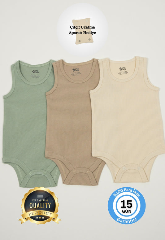 Premium Fitilli Kumaş %100 Organik Pamuk Erkek Bebek Kolsuz Atlet Body Zıbın Çıtçıtlı Badi 3'lü Set - Çıtçıt Uzatma Hediyeli