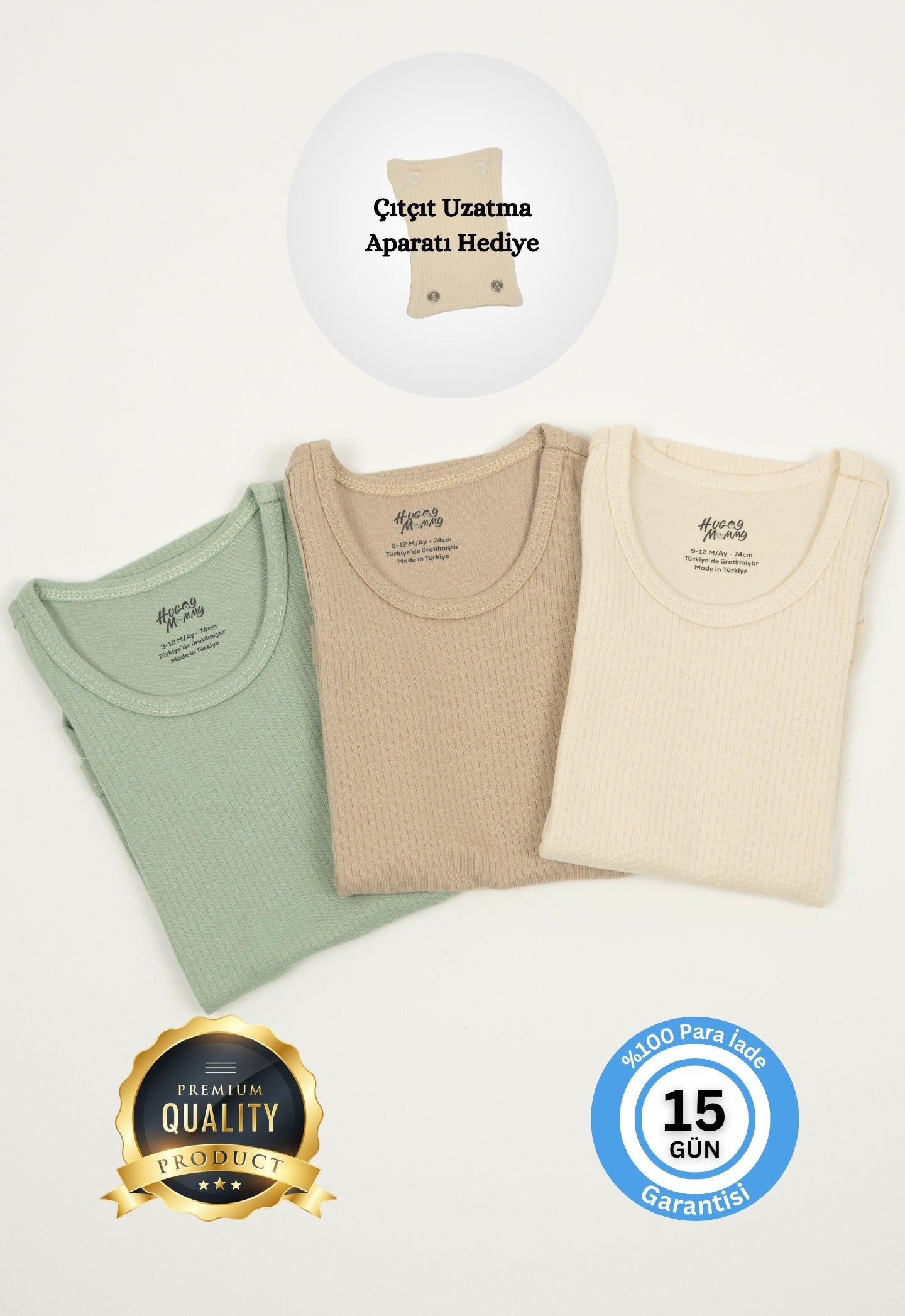 Premium Fitilli Kumaş %100 Organik Pamuk Erkek Bebek Kolsuz Atlet Body Zıbın Çıtçıtlı Badi 3'lü Set - Çıtçıt Uzatma Hediyeli