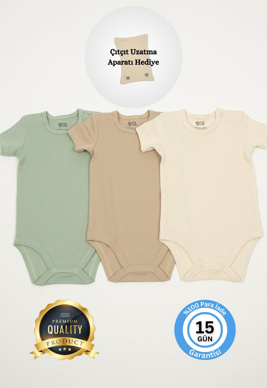 Premium Fitilli Kumaş %100 Organik Pamuk Erkek Bebek Kısa Kol Body Zıbın Çıtçıtlı Badi 3'lü Set - Çıtçıt Uzatma Hediyeli