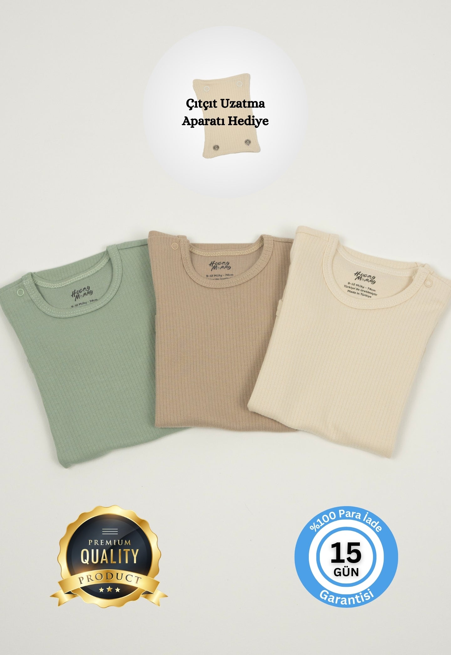 Premium Fitilli Kumaş %100 Organik Pamuk Erkek Bebek Kısa Kol Body Zıbın Çıtçıtlı Badi 3'lü Set - Çıtçıt Uzatma Hediyeli