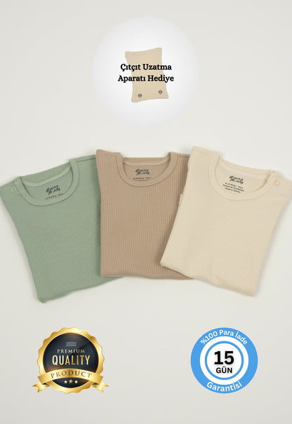 Premium Fitilli Kumaş %100 Organik Pamuk Erkek Bebek Kısa Kol Body Zıbın Çıtçıtlı Badi 3'lü Set - Çıtçıt Uzatma Hediyeli