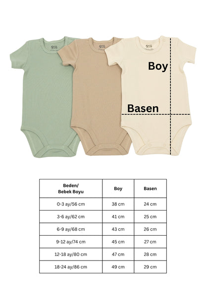 Premium Fitilli Kumaş %100 Organik Pamuk Erkek Bebek Kısa Kol Body Zıbın Çıtçıtlı Badi 3'lü Set - Çıtçıt Uzatma Hediyeli