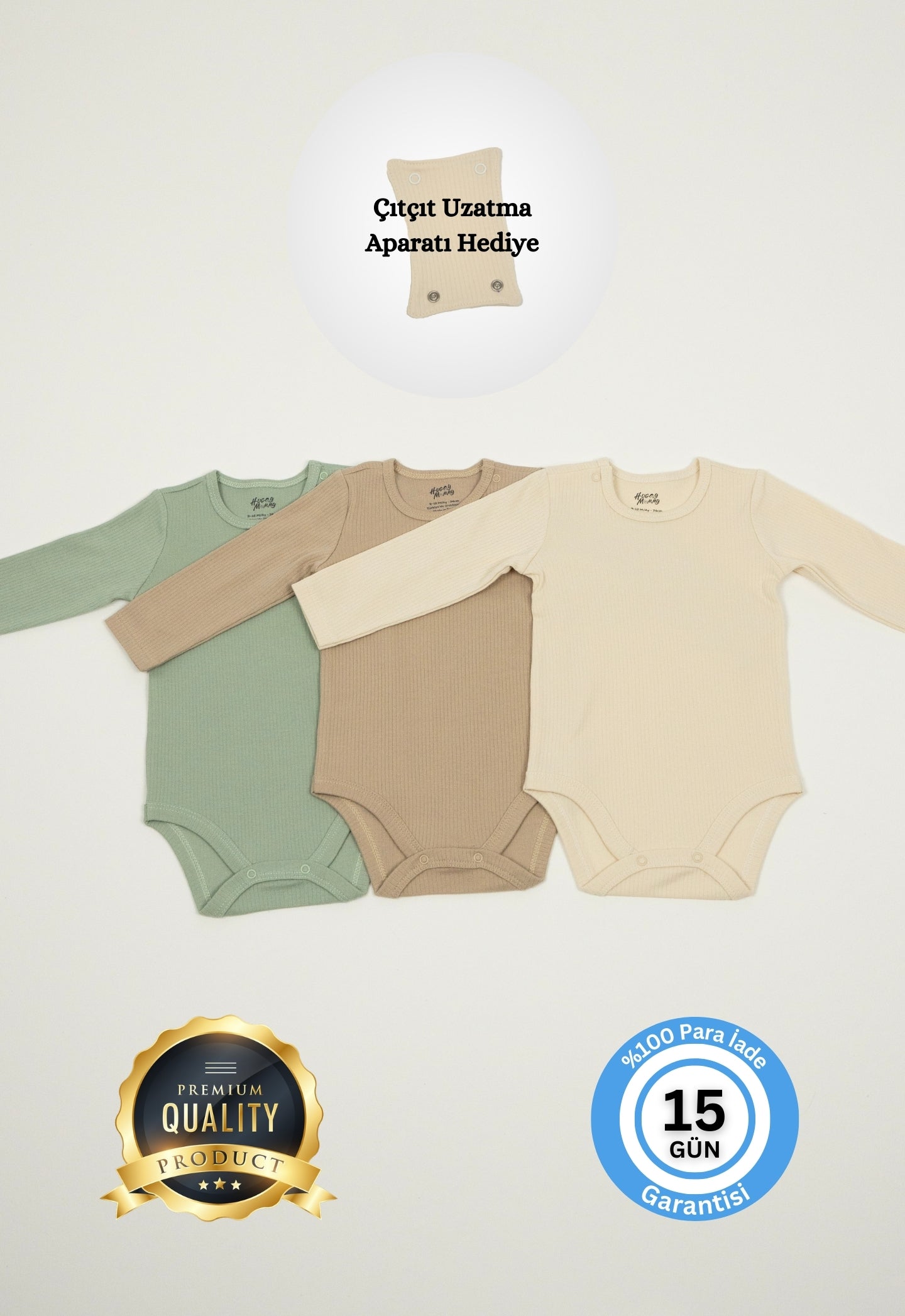 Premium Fitilli Kumaş %100 Organik Pamuk Erkek Bebek Uzun Kol Body Zıbın Çıtçıtlı Badi 3'lü Set - Çıtçıt Uzatma Hediyeli