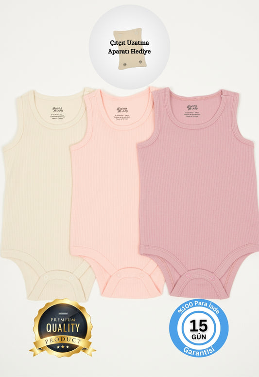 Premium Fitilli Kumaş %100 Organik Pamuk Kız Bebek Kolsuz Atlet Body Zıbın Çıtçıtlı Badi 3'lü Set - Çıtçıt Uzatma Hediyeli