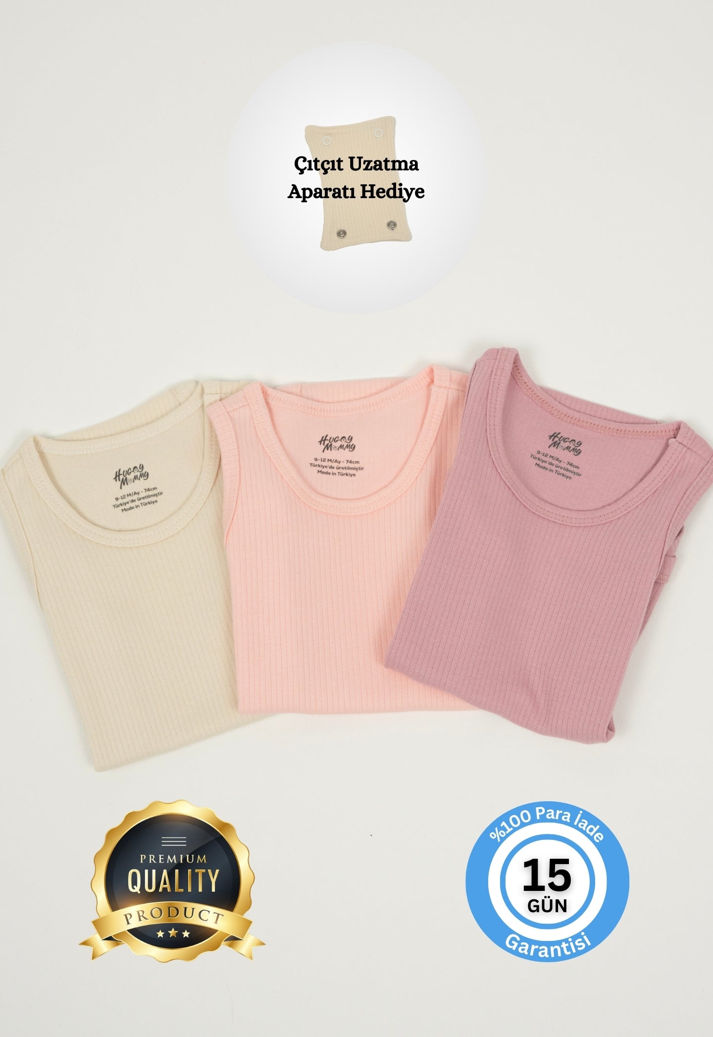 Premium Fitilli Kumaş %100 Organik Pamuk Kız Bebek Kolsuz Atlet Body Zıbın Çıtçıtlı Badi 3'lü Set - Çıtçıt Uzatma Hediyeli