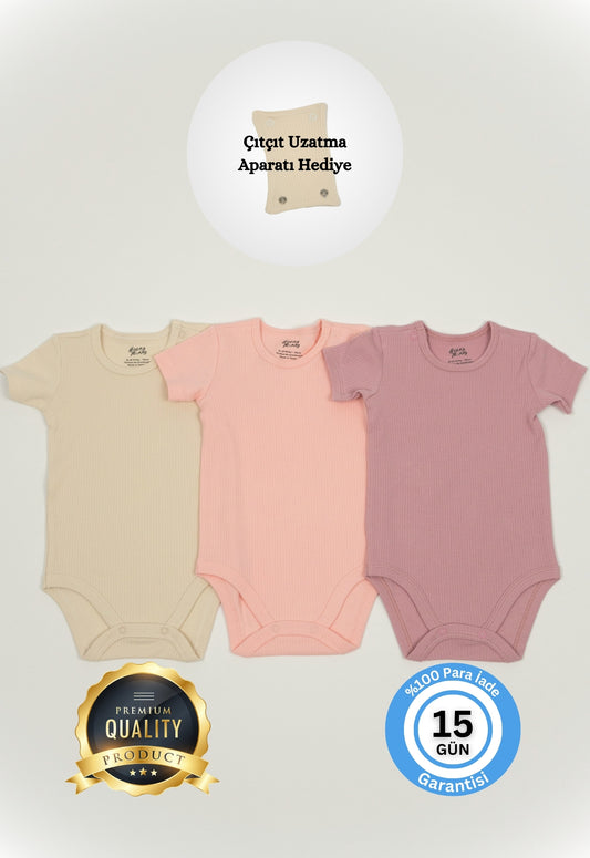 Premium Fitilli Kumaş %100 Organik Pamuk Kız Bebek Kısa Kol Body Zıbın Çıtçıtlı Badi 3'lü Set - Çıtçıt Uzatma Hediyeli