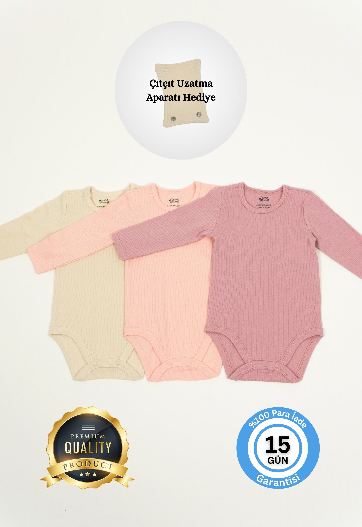 Premium Fitilli Kumaş %100 Organik Pamuk Kız Bebek Uzun Kol Body Zıbın Çıtçıtlı Badi 3'lü Set - Çıtçıt Uzatma Hediyeli
